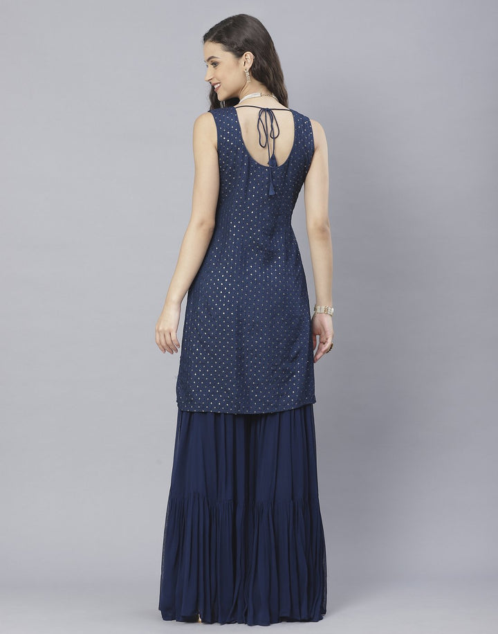 Navy Blue and Rani Handloom Dupion Salwar Kameez