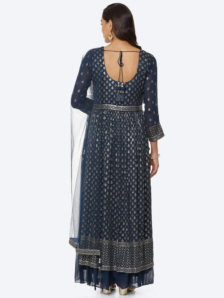 Resham Sequin Booti Georgette Kurta With Palazzo &amp; Dupatta