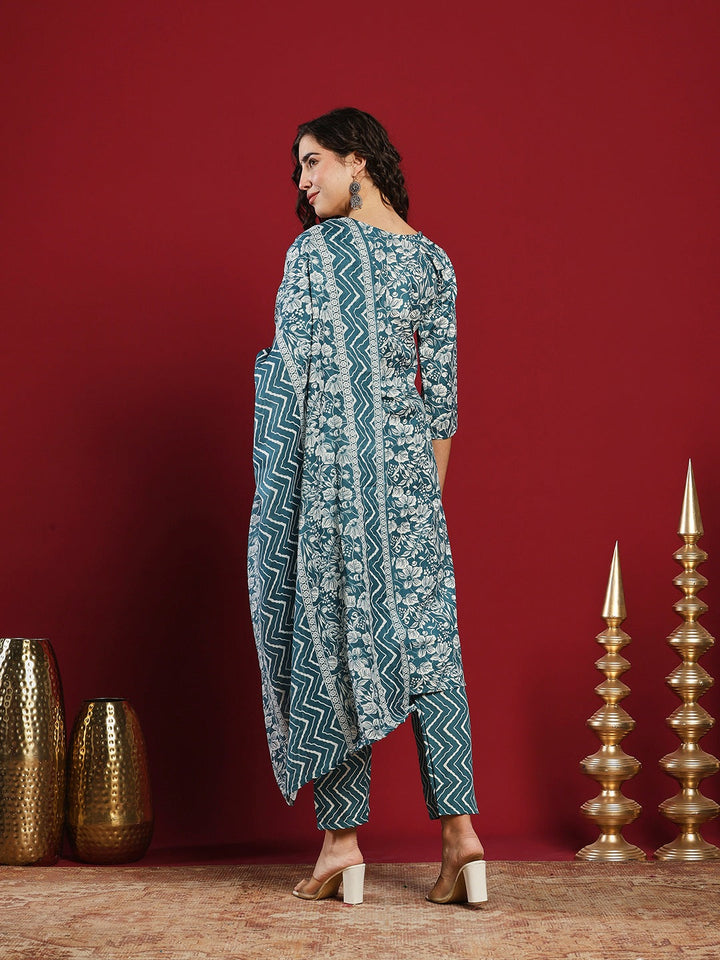 Printed Cotton Kurta With Pant &amp; Dupatta