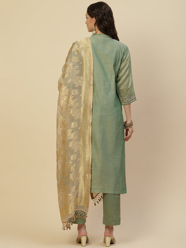 Zari Booti Cotton Kurta With Pants &amp; Dupatta