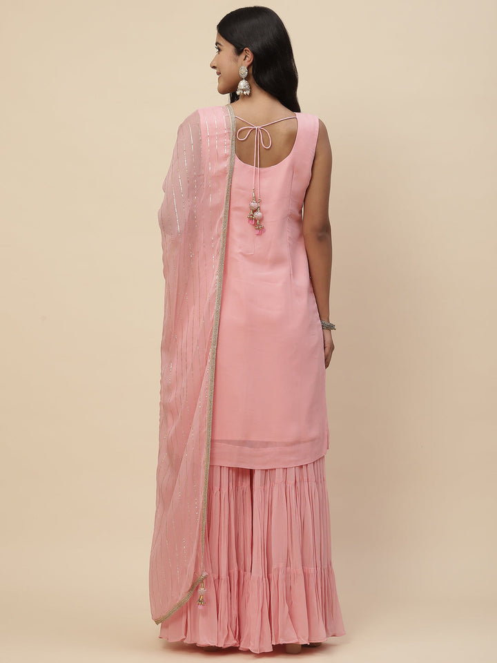 Sequin Embroidered Georgette Kurta With Sharara &amp; Dupatta