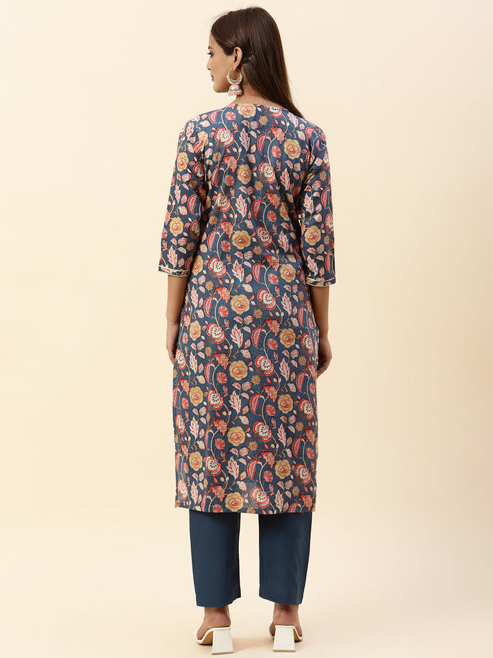 Printed &amp; Neck Embroidered Muslin Kurta With Pants