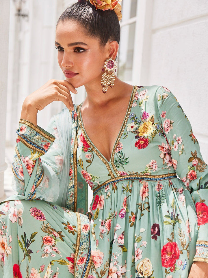 Floral Digital Printed Crepe Kurti With Sharara &amp; Net Dupatta