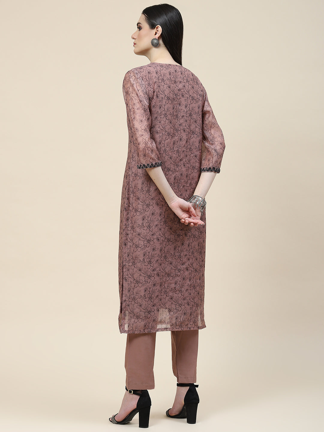 Printed &amp; Neck Embroidered Chanderi Kurta With Pants
