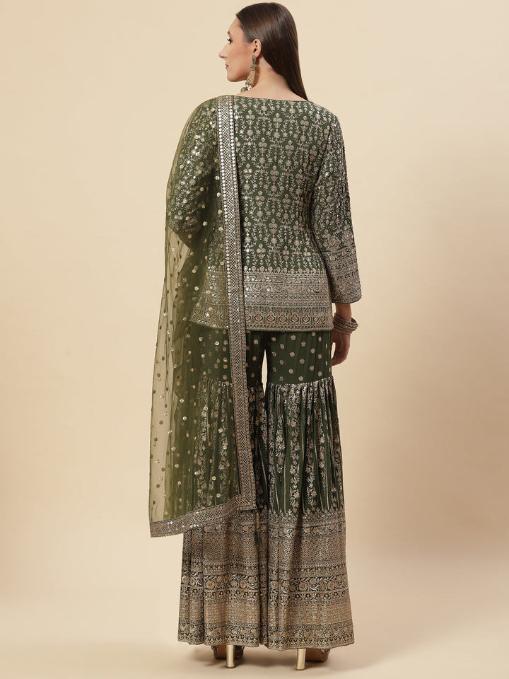 Sequin Resham Embroidered Georgette Crop Top With Jacket Garara &amp; Dupatta
