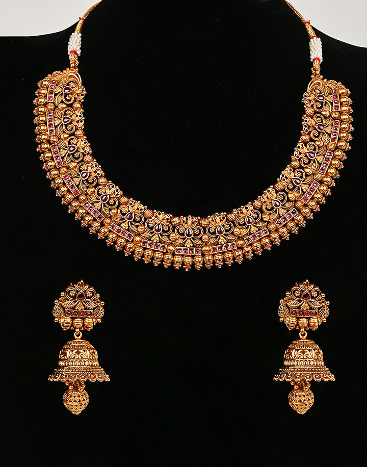 Gold Plated Colored Stone Necklace Set With Earrings