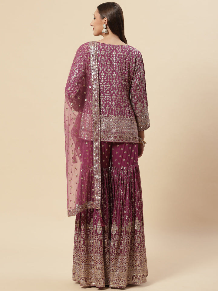 Sequin Resham Embroidered Georgette Crop Top With Jacket Garara &amp; Dupatta