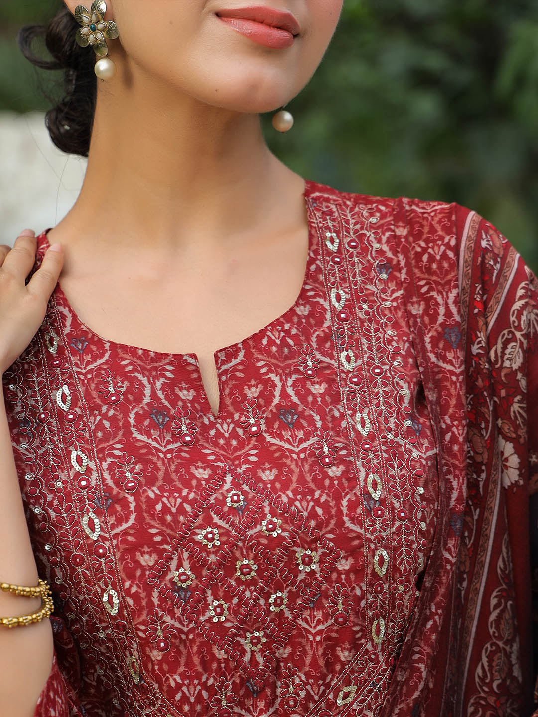 Printed Neck Embroidered Cotton Kurta With Pants &amp; Dupatta