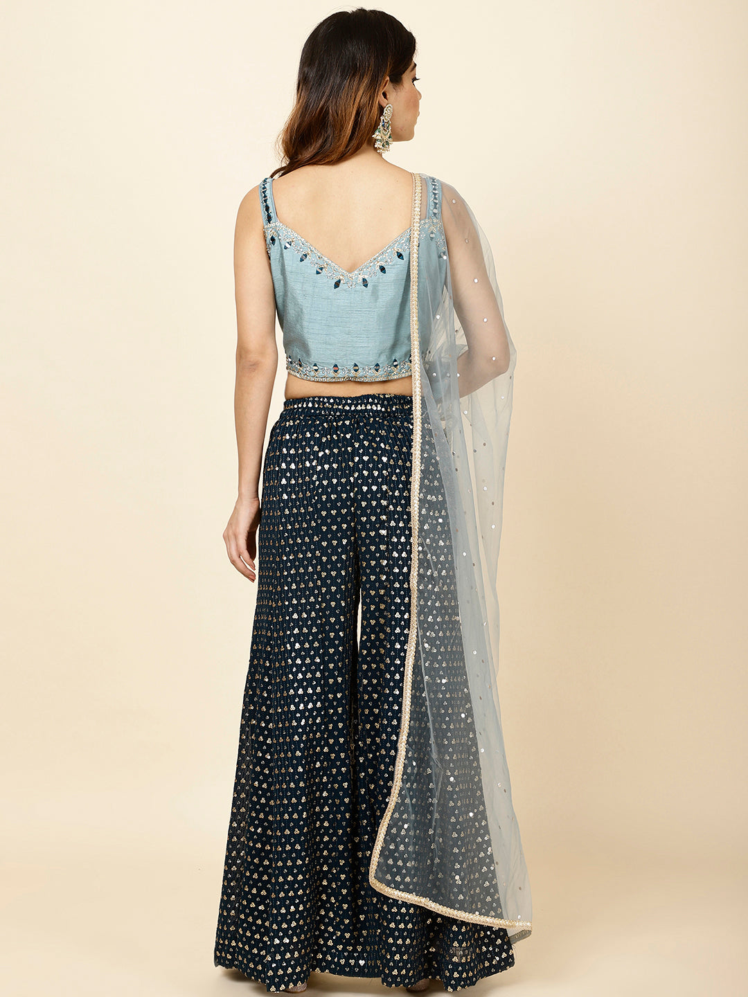 Mirror Work Embroidered Georgette Crop Top With Sharara &amp; Dupatta