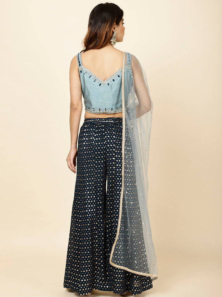 Mirror Work Embroidered Georgette Crop Top With Sharara &amp; Dupatta