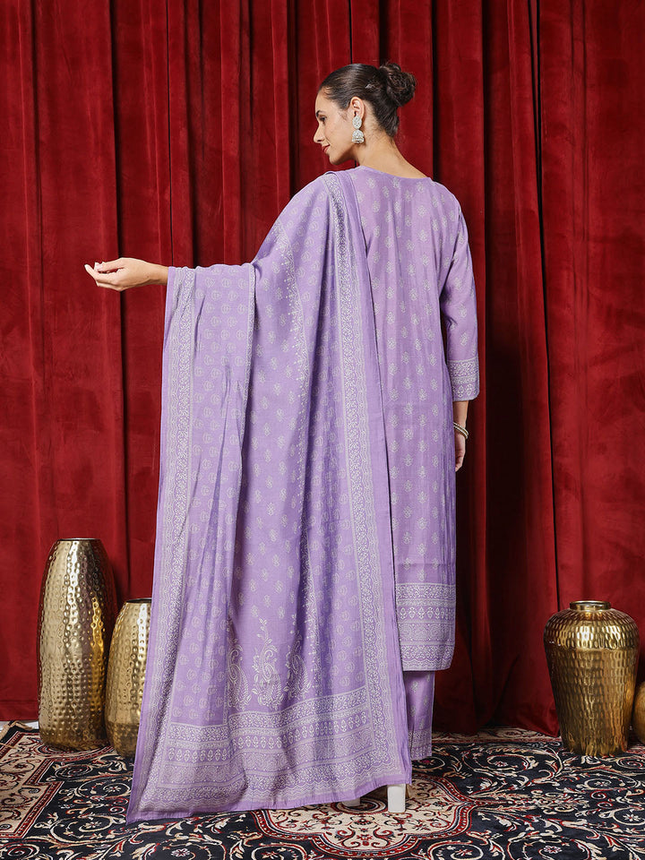 Printed Chanderi Kurta With Pants &amp; Dupatta