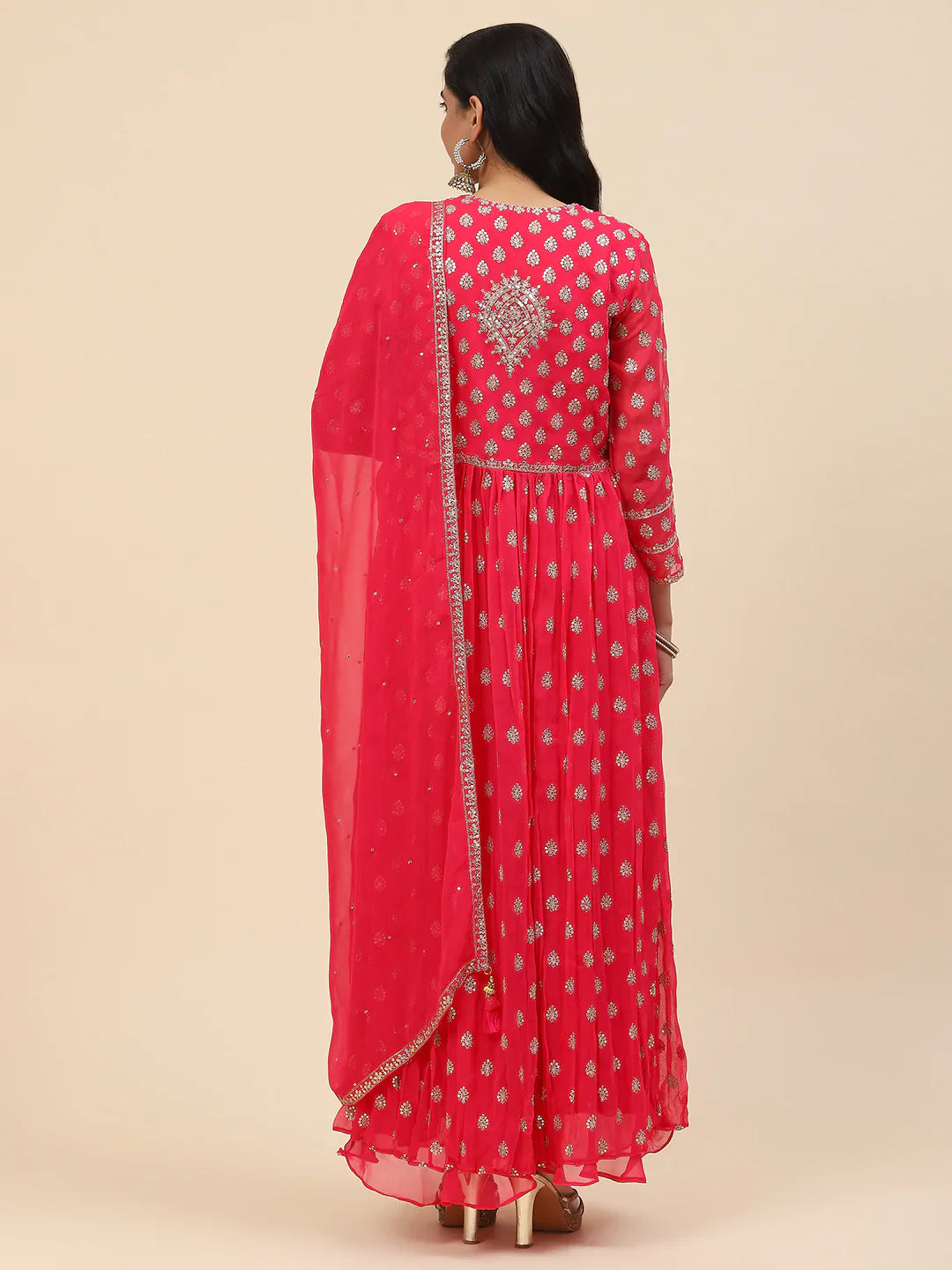 Sequin Embroidered Georgette Kurta With Sharara &amp; Dupatta