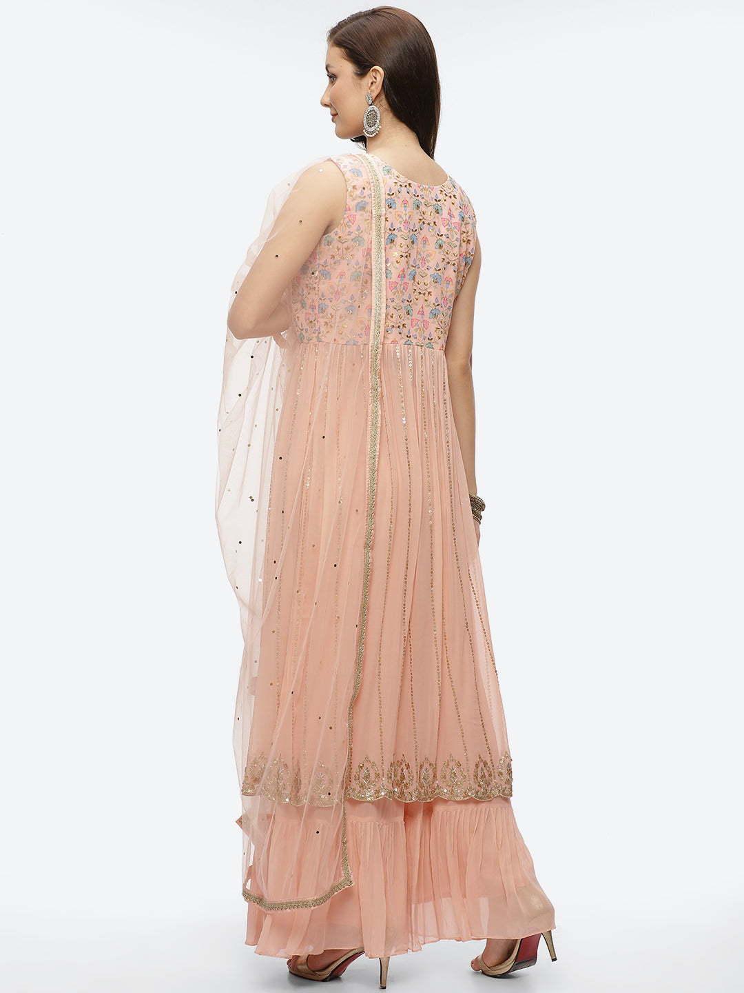 Zari Embroidered Georgette Kurta With Palazzo &amp; Dupatta