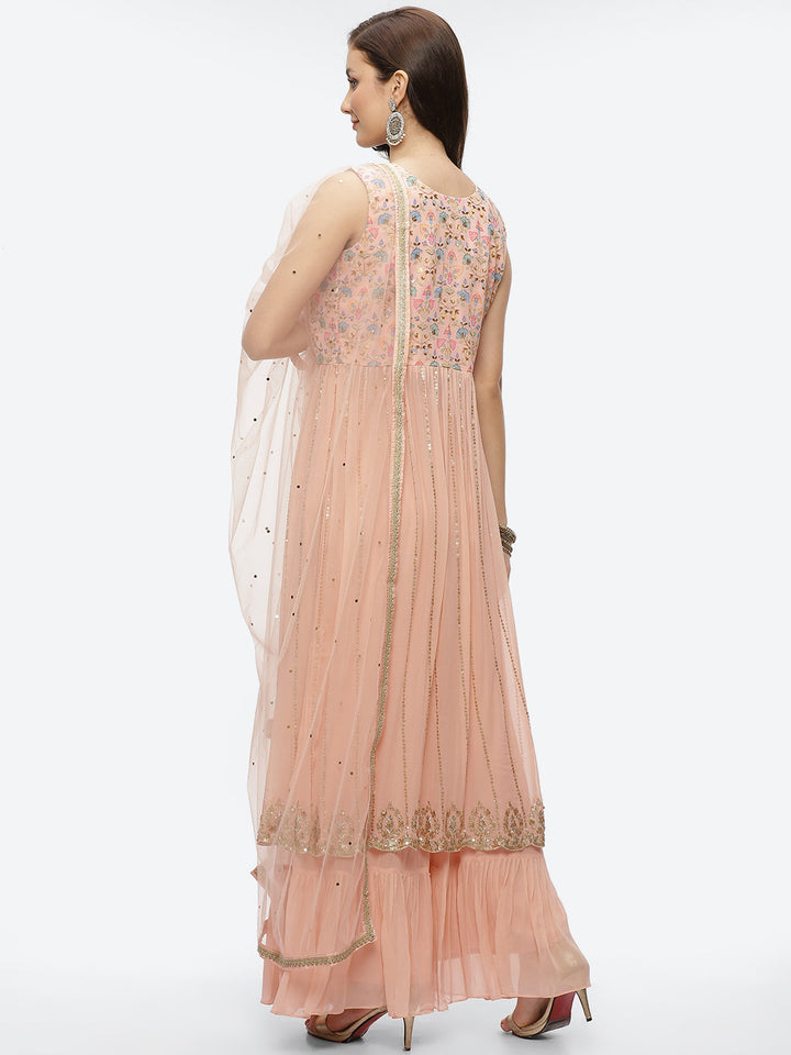 Zari Embroidered Georgette Kurta With Palazzo &amp; Dupatta