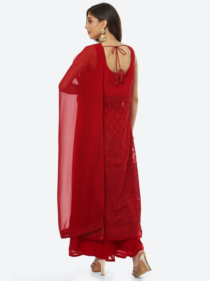 Resham Booti Georgette Kurta With Palazzo &amp; Dupatta
