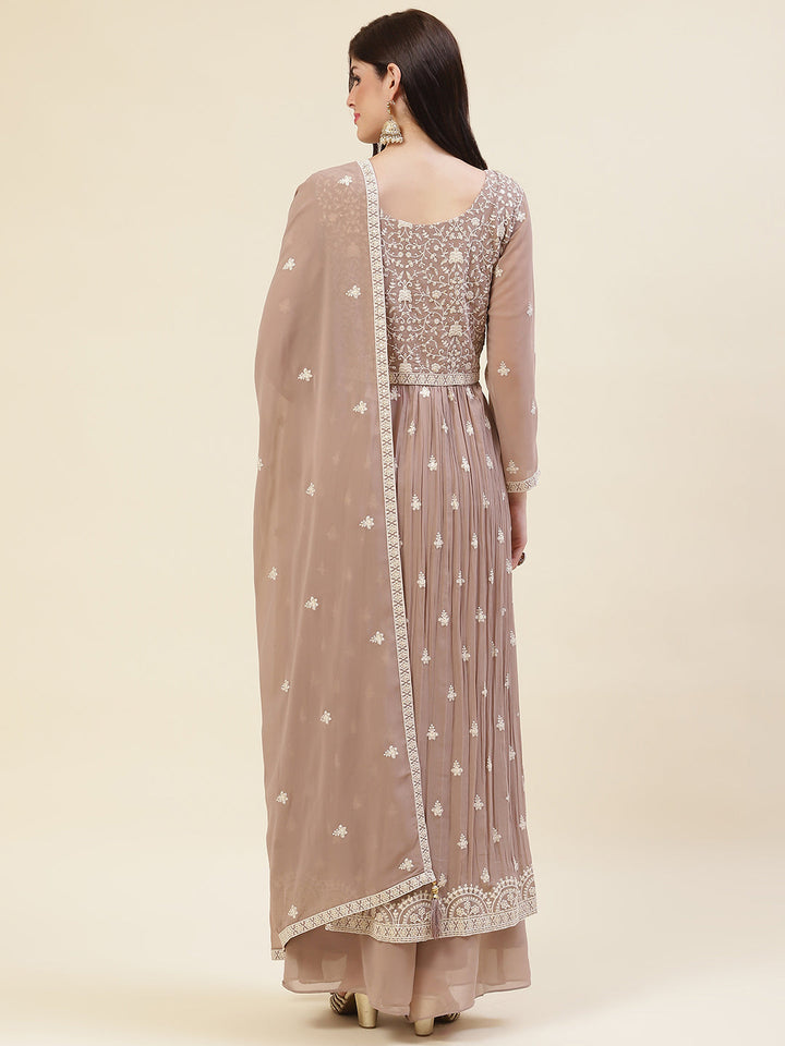 Resham Embroidered Booti Georgette Kurta With Palazzo &amp; Dupatta