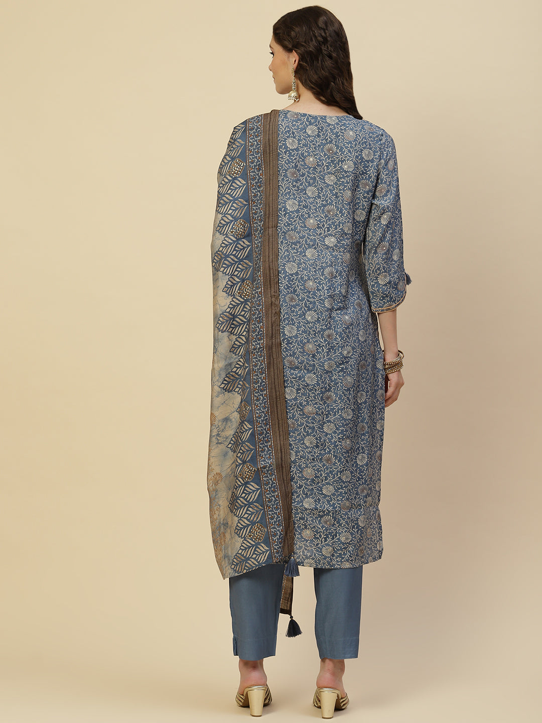 Floral Printed Cotton Kurta With Pants &amp; Dupatta