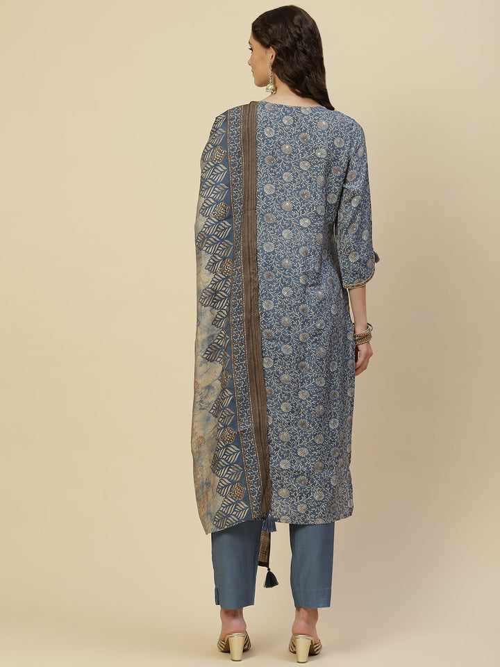 Floral Printed Cotton Kurta With Pants &amp; Dupatta