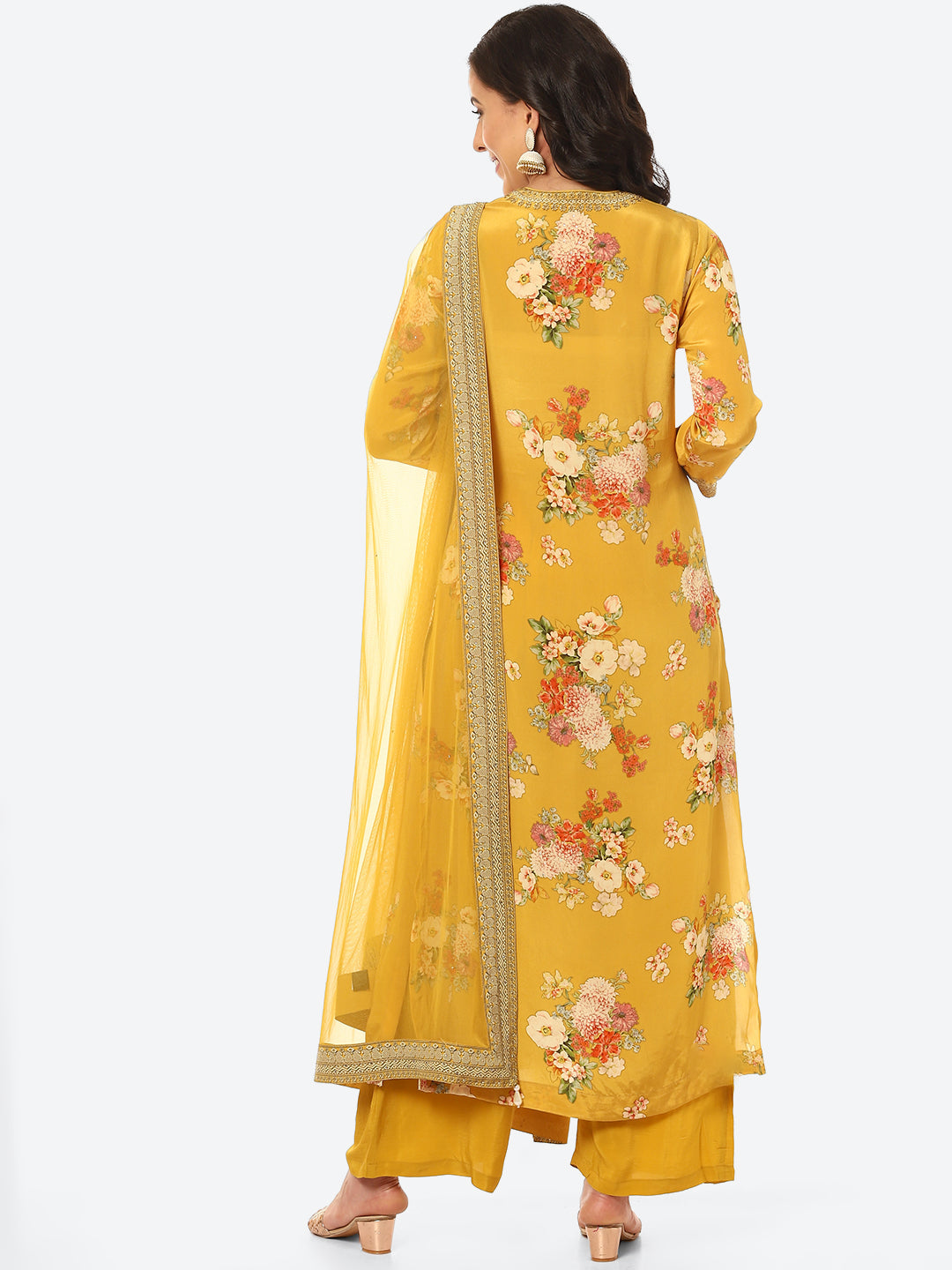 Floral Digital Printed Crepe Kurta With Palazzo &amp; Net Dupatta