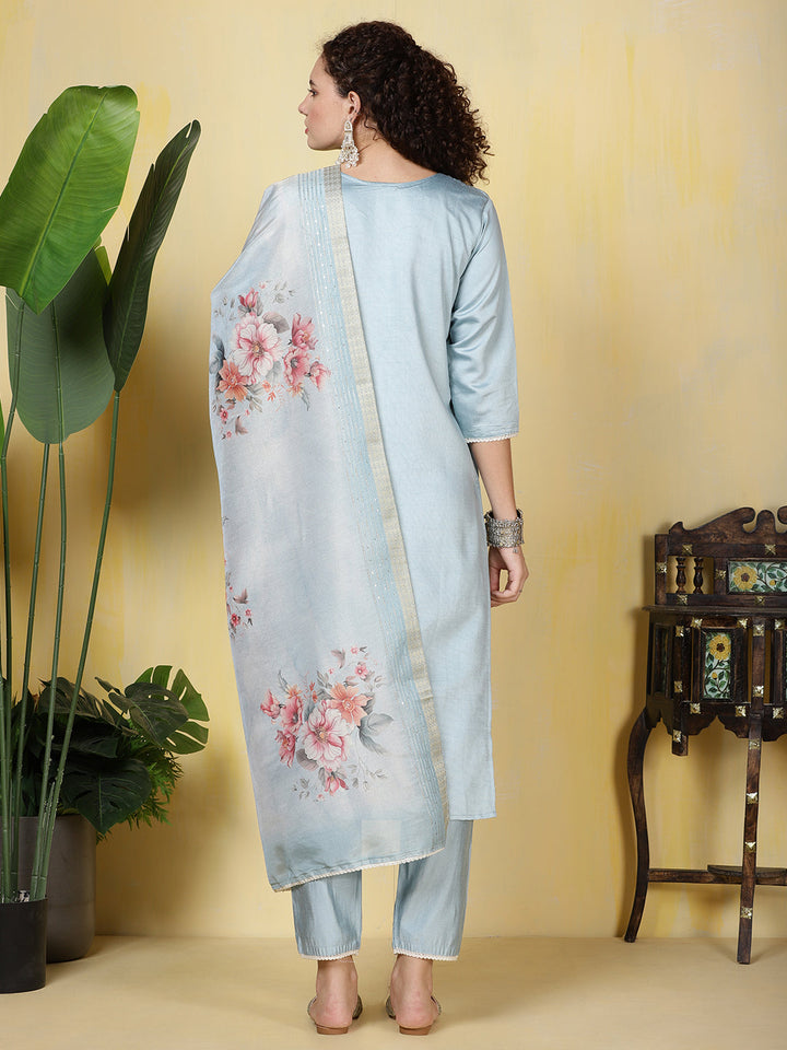 Neck Embroidered Cotton Blend Kurta With Pants &amp; Dupatta