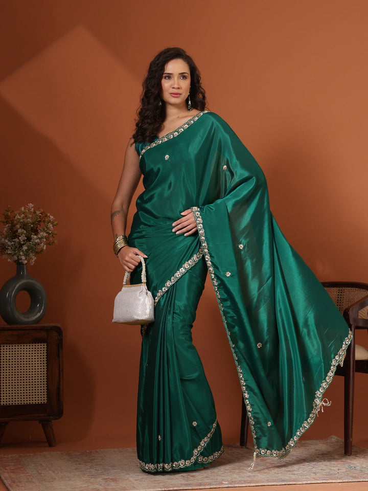 Sequin &amp; Cut Work Embroidered Crepe Saree