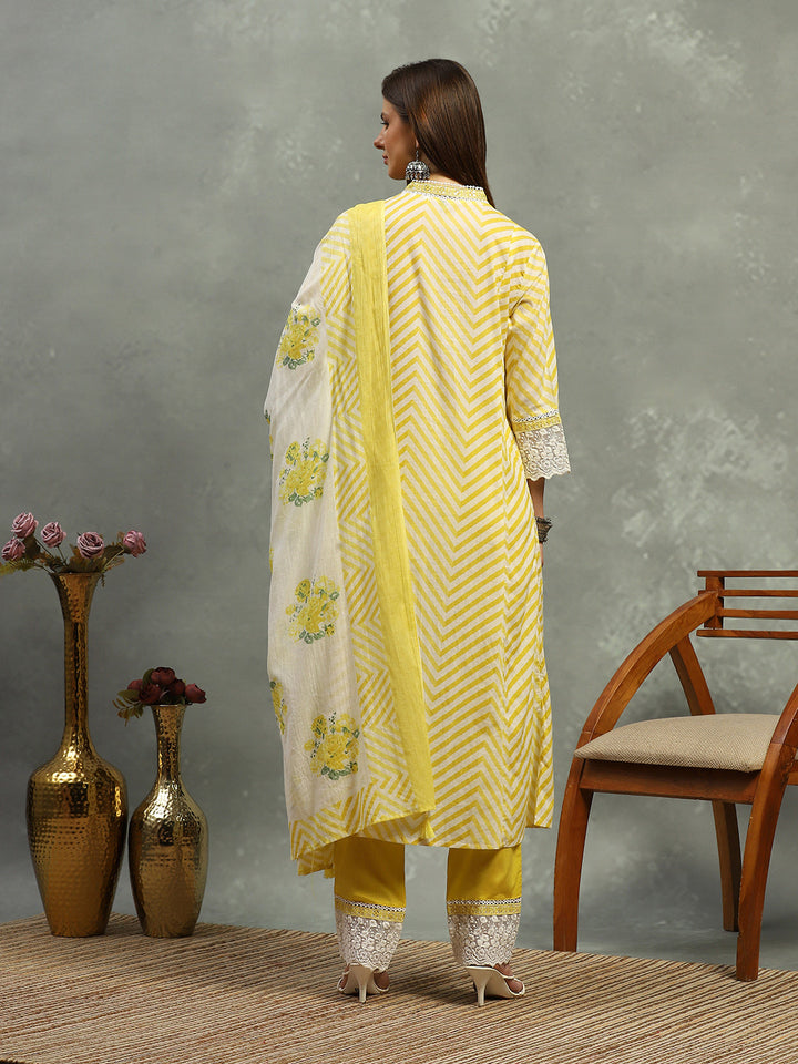 Printed Cotton Blend Kurta With Pants &amp; Dupatta