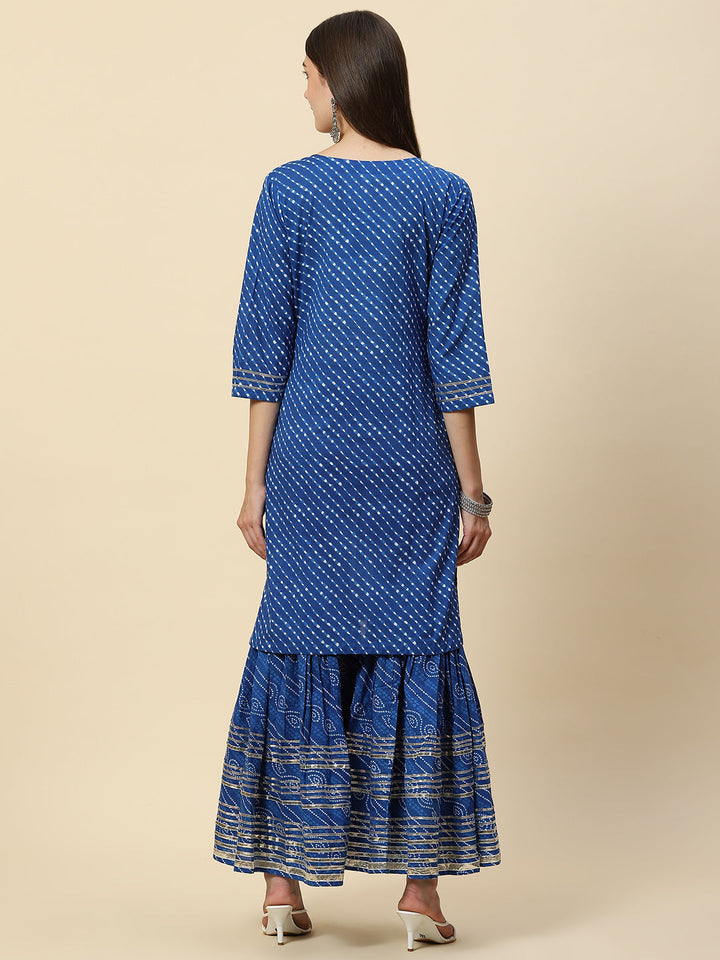 Leheriya Printed &amp; Embroidered Cotton Kurta With Sharara