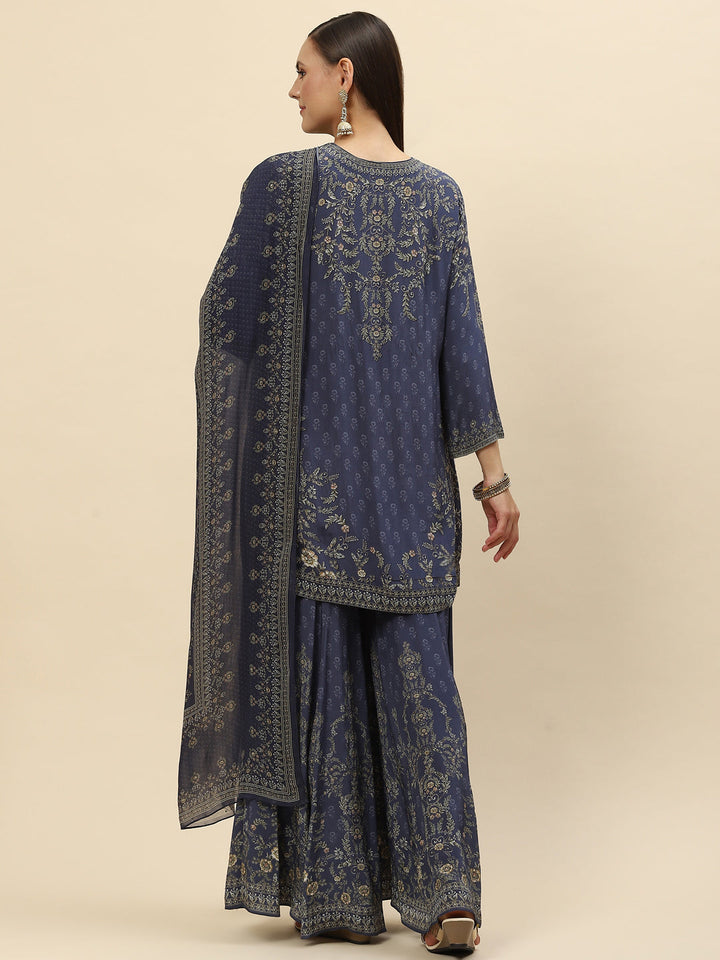 Digital Printed Crepe Kurta With Sharara &amp; Net Dupatta