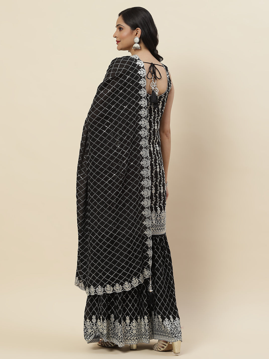 Sequin Embroidered Crepe Kurti With Garara &amp; Dupattta