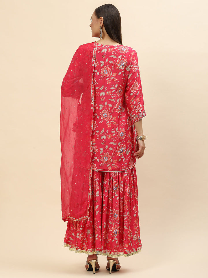 Floral Digital Printed Chanderi Kurta With Garara &amp; Dupatta