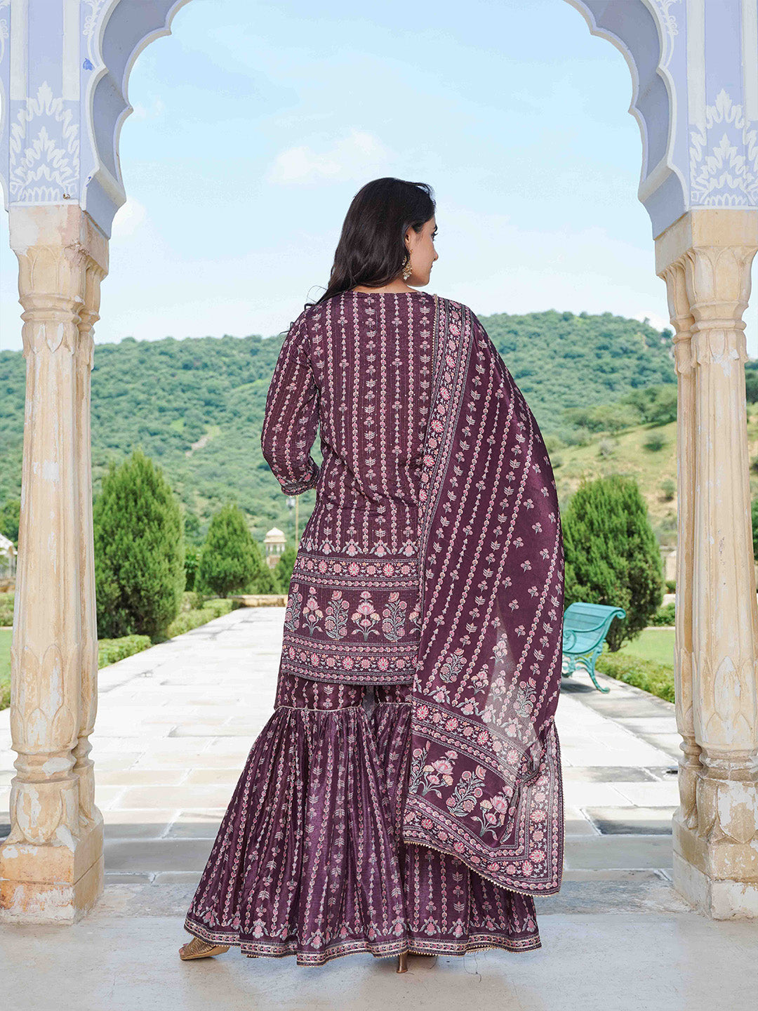 Floral Printed Crepe Kurta With Garara &amp; Silk Dupatta