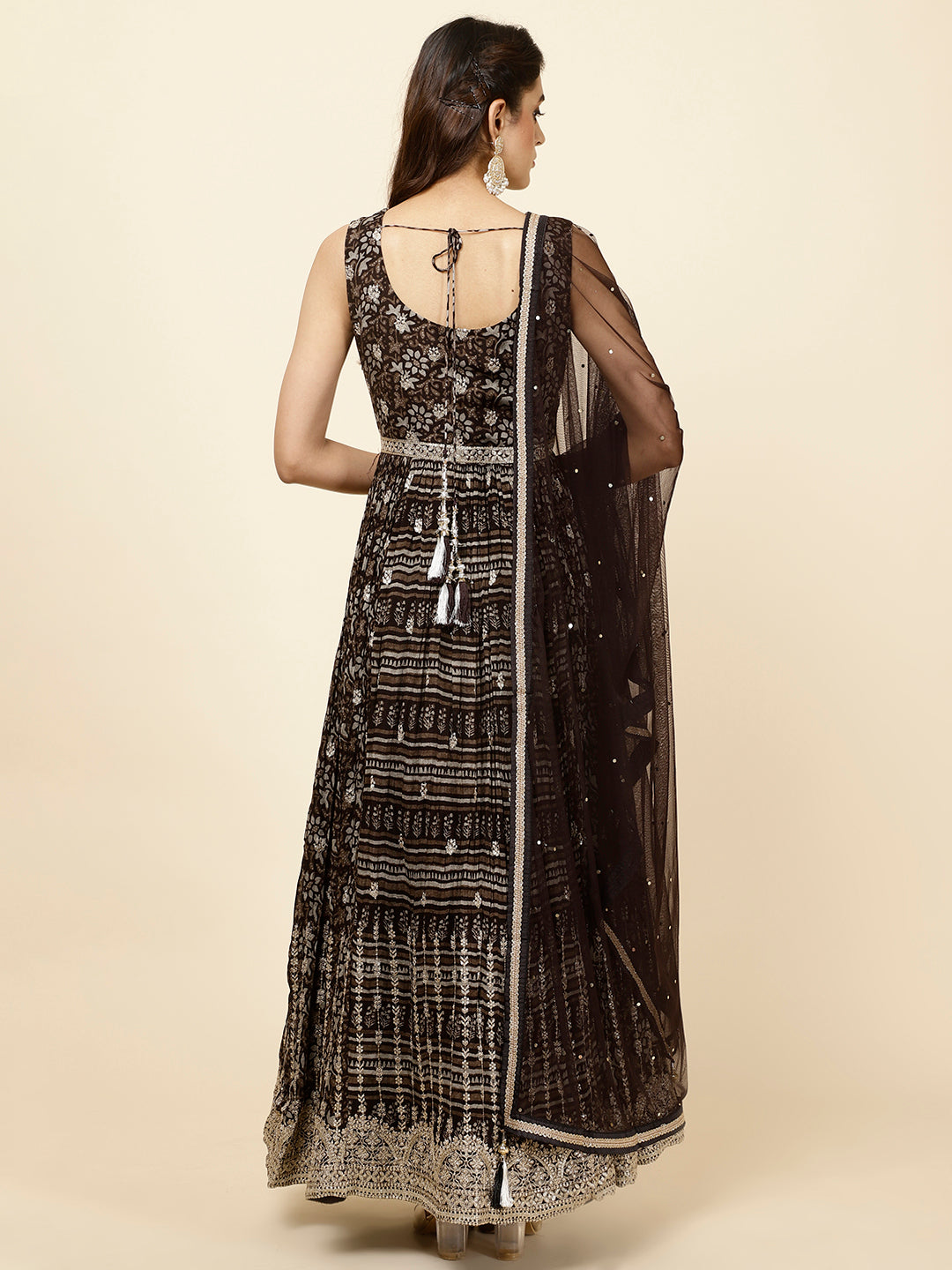 Zari Booti Embroidered Crepe Kurta With Churidar &amp; Dupatta