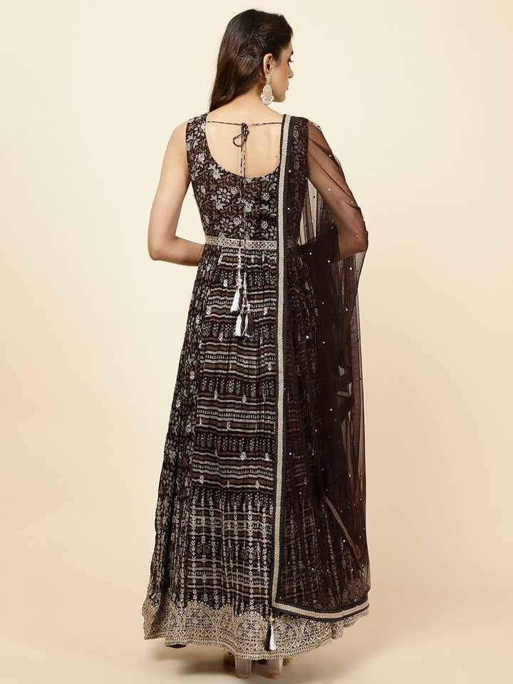 Zari Booti Embroidered Crepe Kurta With Churidar &amp; Dupatta