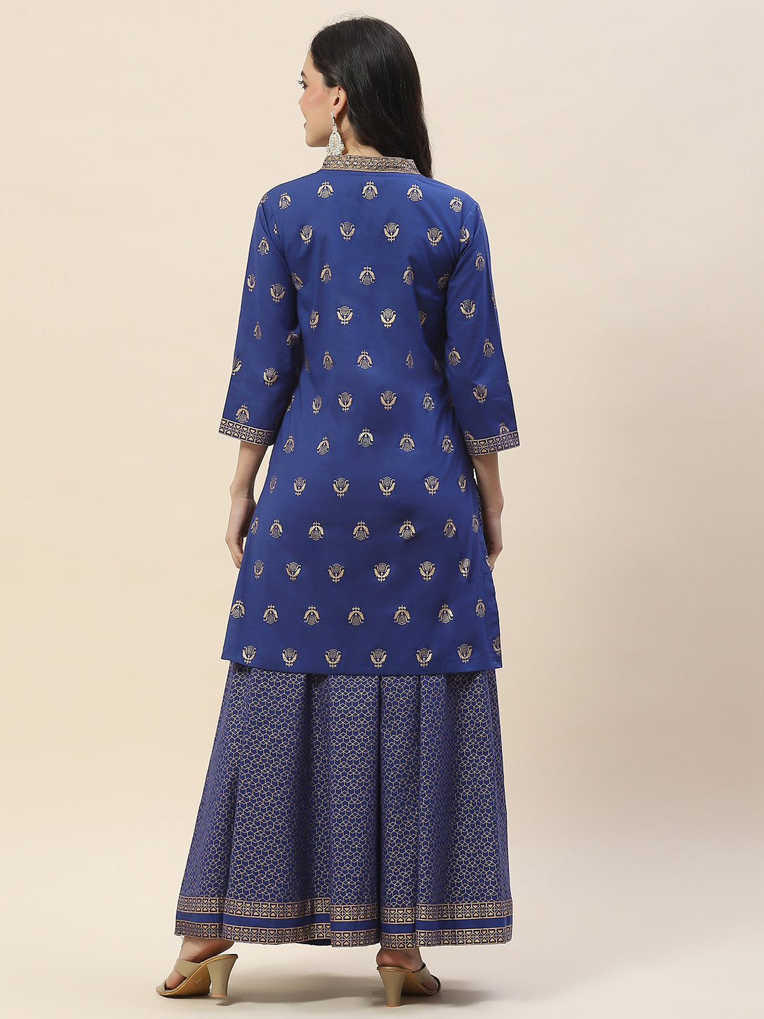 Printed Neck Patti Cotton Kurta With Skirt