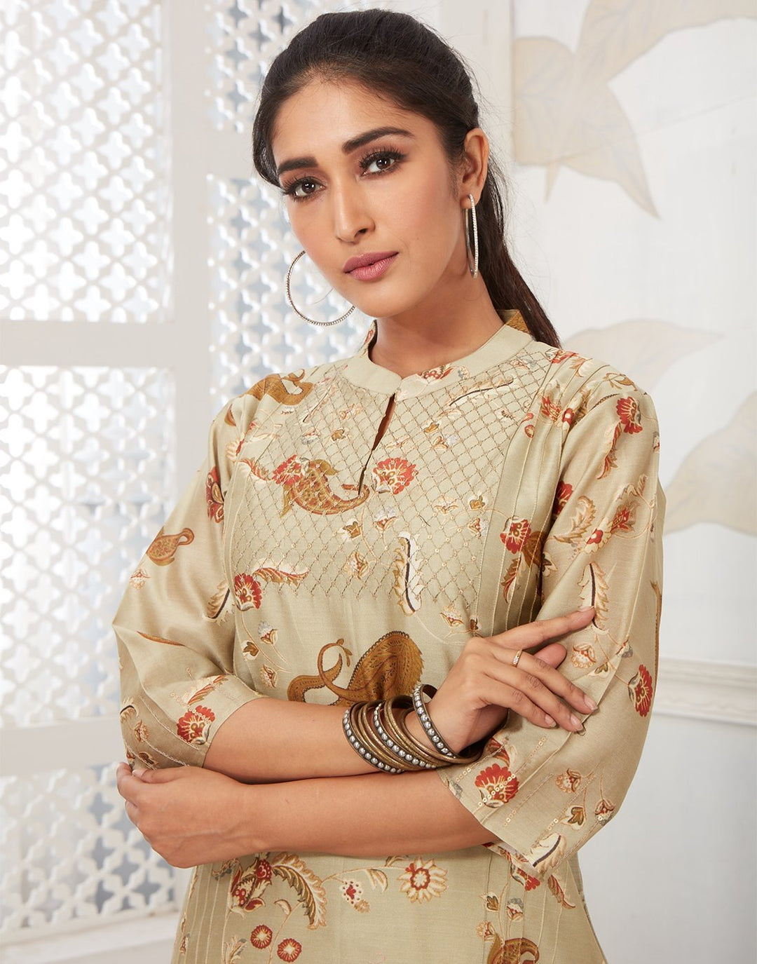 MBZ Meena Bazaar-Beige Cotton Chanderi Kurti
