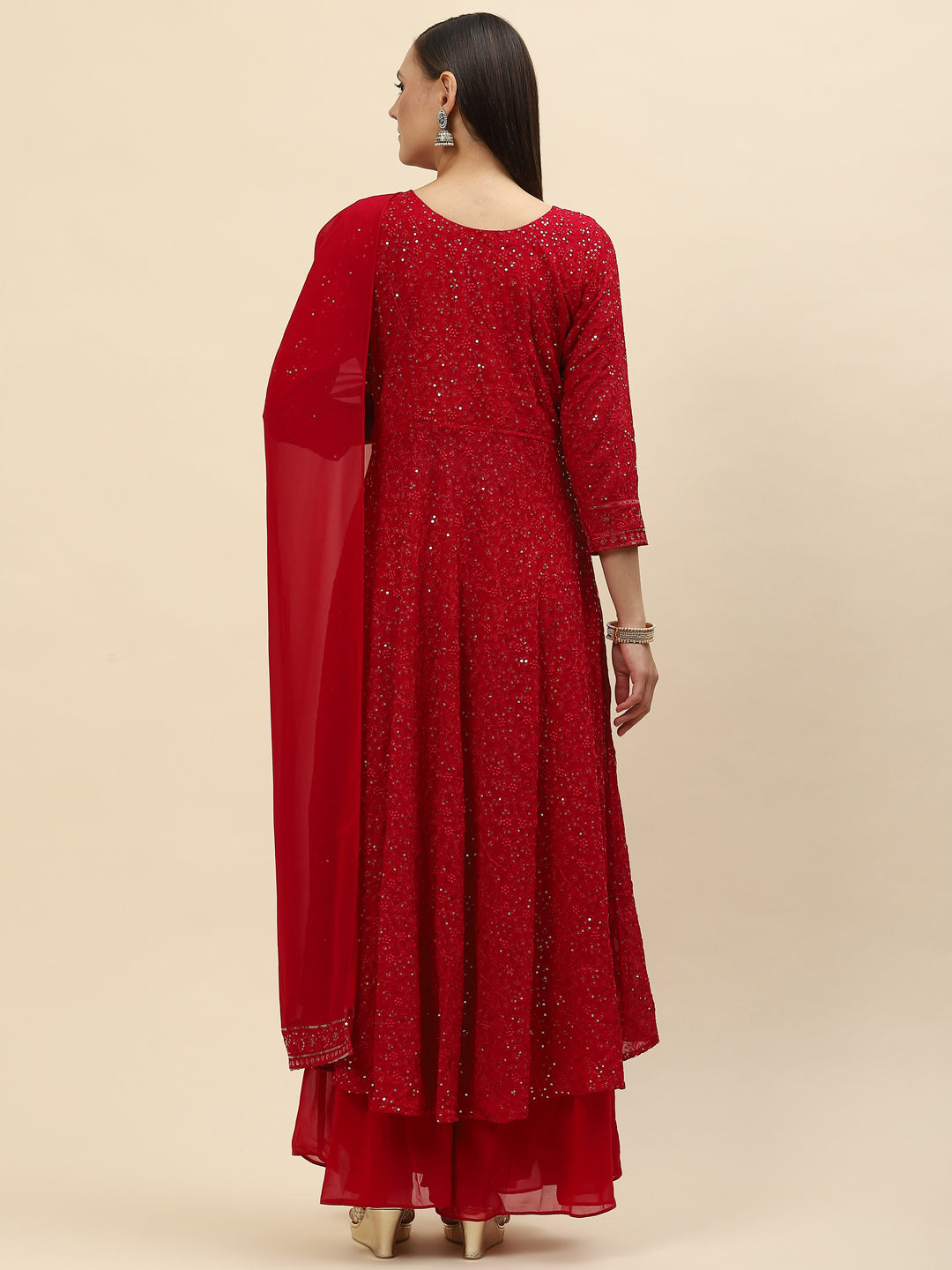 Sequin Embroidered Georgette Kurta With Palazzo &amp; Dupatta