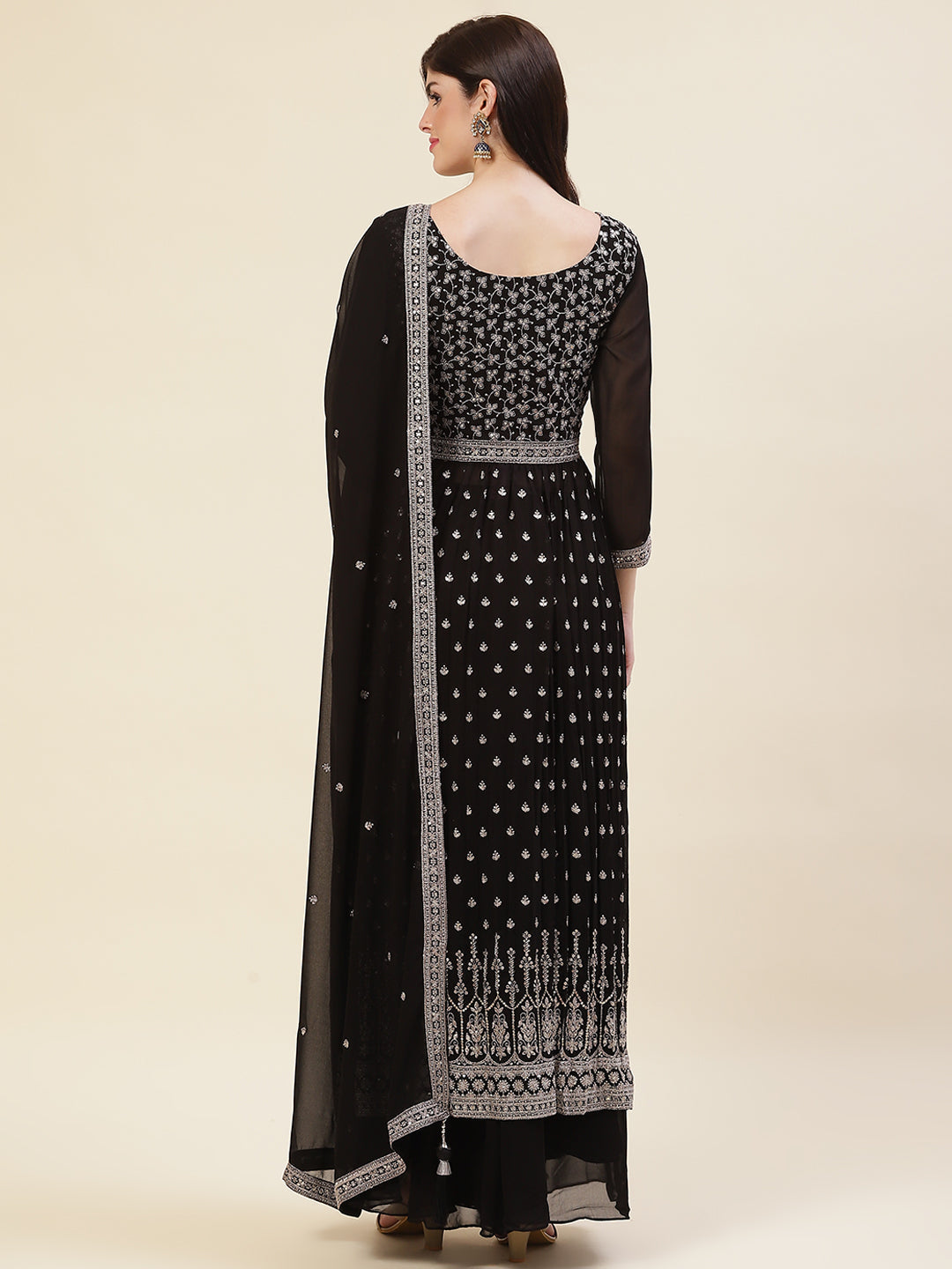 Zari Embroidered Booti Georgette Kurta With Palazzo &amp; Dupatta