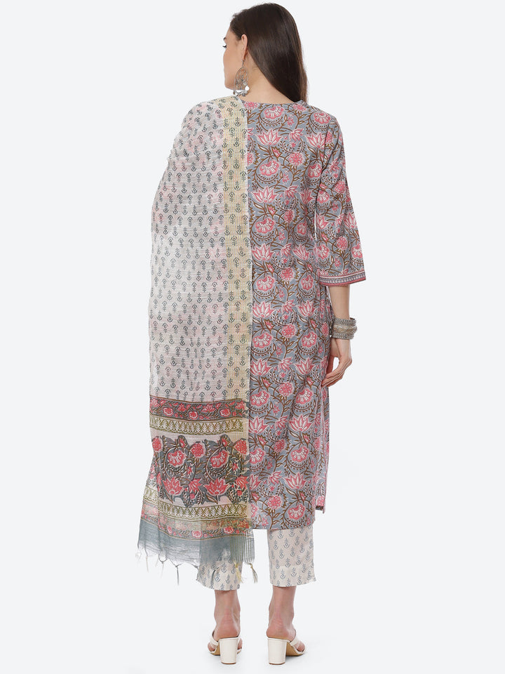 Floral Printed Cotton Kurta With Pant &amp; Cotton Dupatta