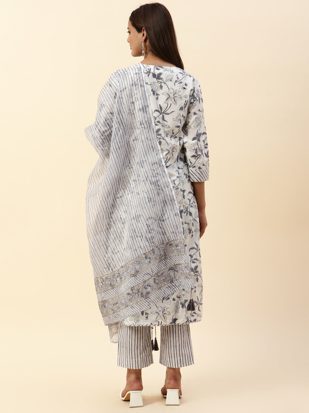 Floral Printed Cotton Kurta With Pants &amp; Dupatta