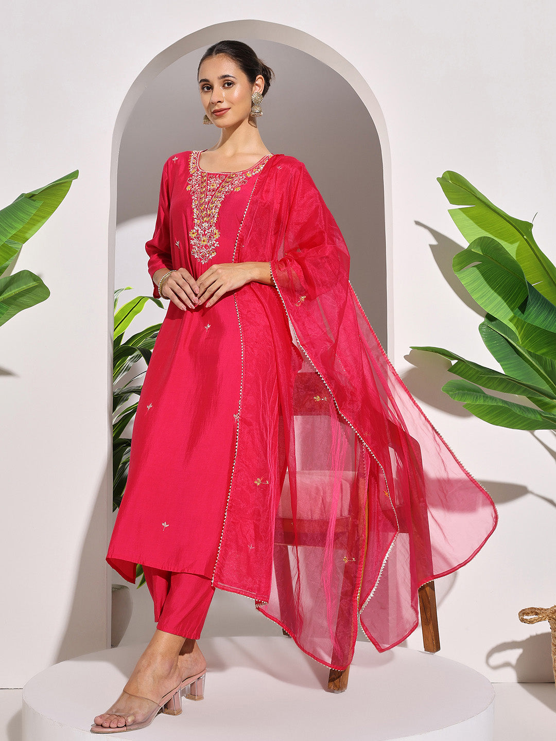 Embroidered Muslin Kurta With Pants &amp; Dupatta