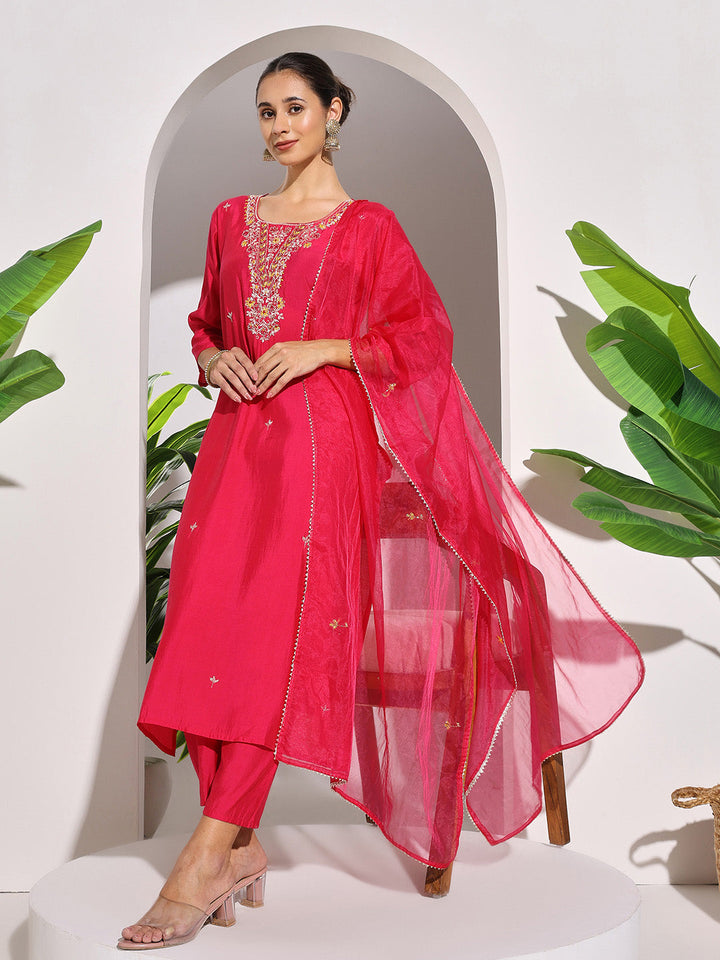 Embroidered Muslin Kurta With Pants &amp; Dupatta