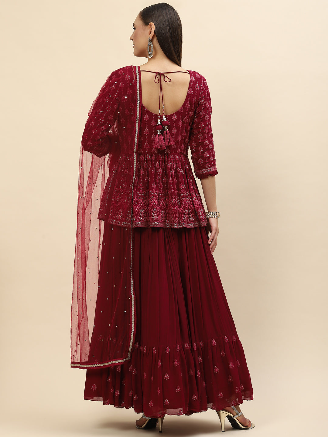 Sequin Embroidered Georgette Peplum Choli With Lehenga &amp; Dupatta