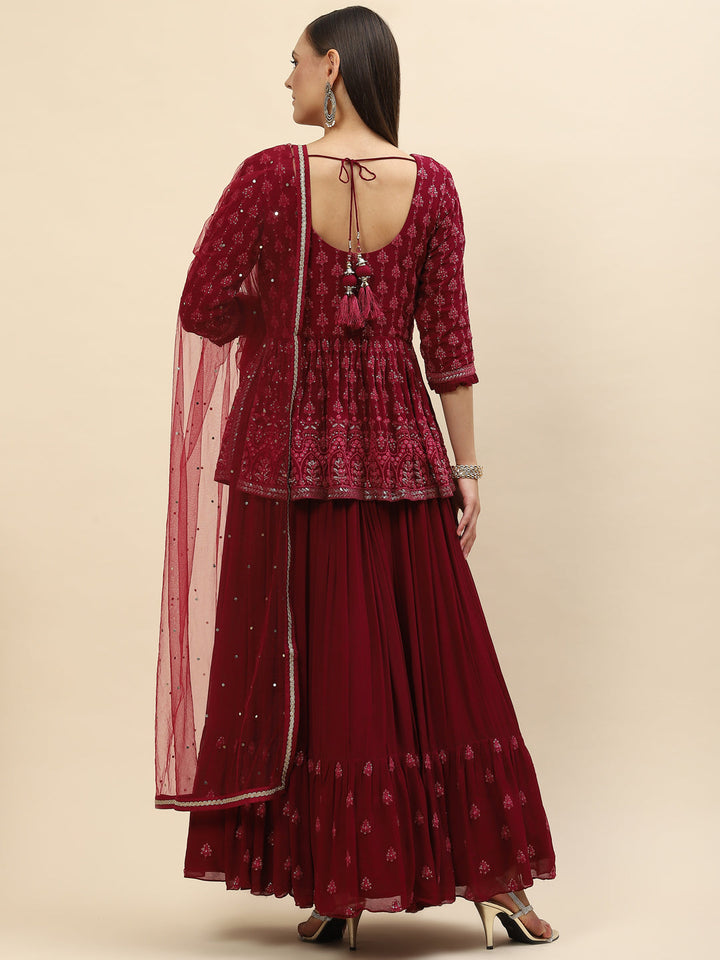 Sequin Embroidered Georgette Peplum Choli With Lehenga &amp; Dupatta