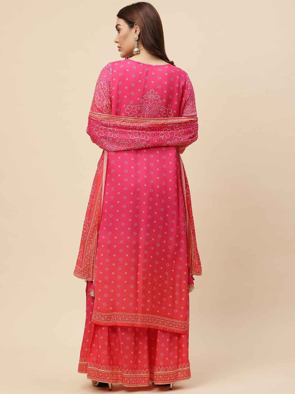 Bandhani Printed Muslin Kurta With Sharara & Dupatta