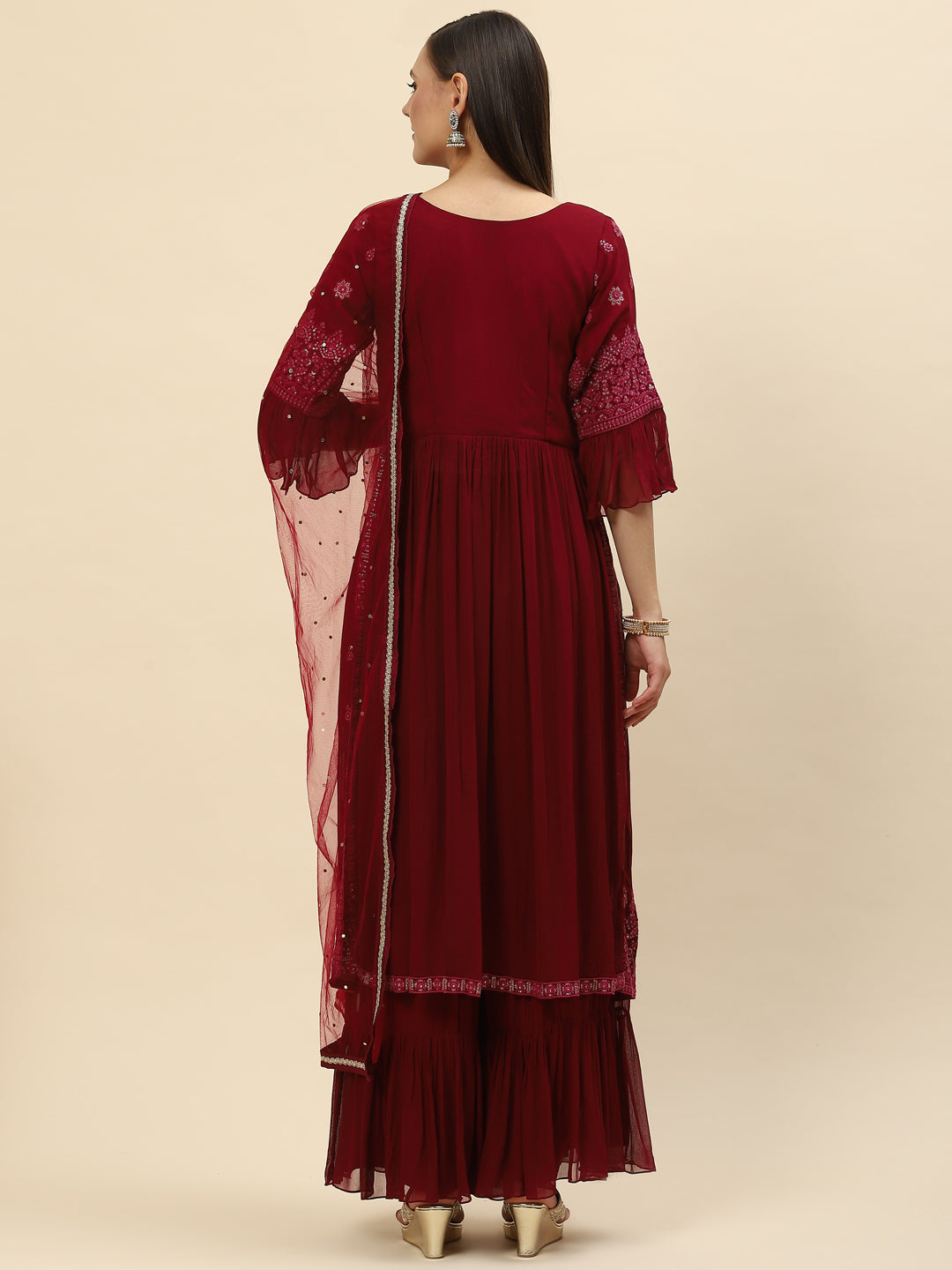 Resham Sequin Embroidered Georgette Kurta With Palazzo &amp; Dupatta