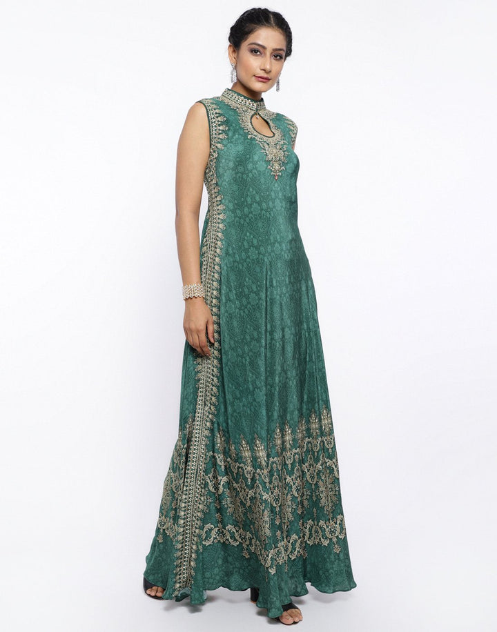 MBZ Meena Bazaar-Green Crepe Digital Printed Long Dress