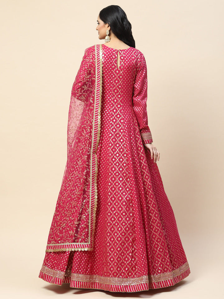 Zari Jaal Chanderi Anarkali Kurta With Churidar &amp; Dupatta