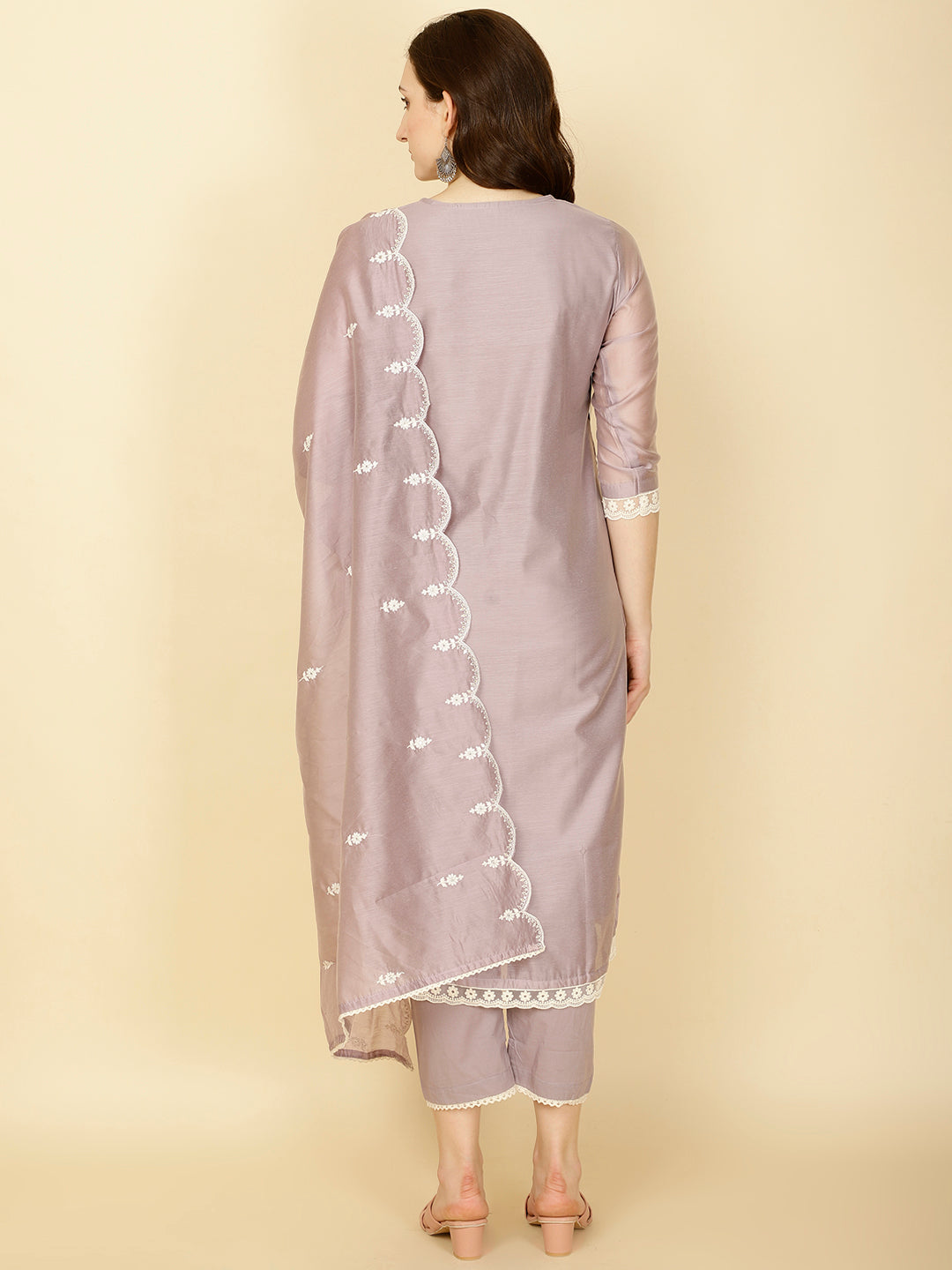Floral Embroidery Chanderi Kurta With Pants &amp; Dupatta
