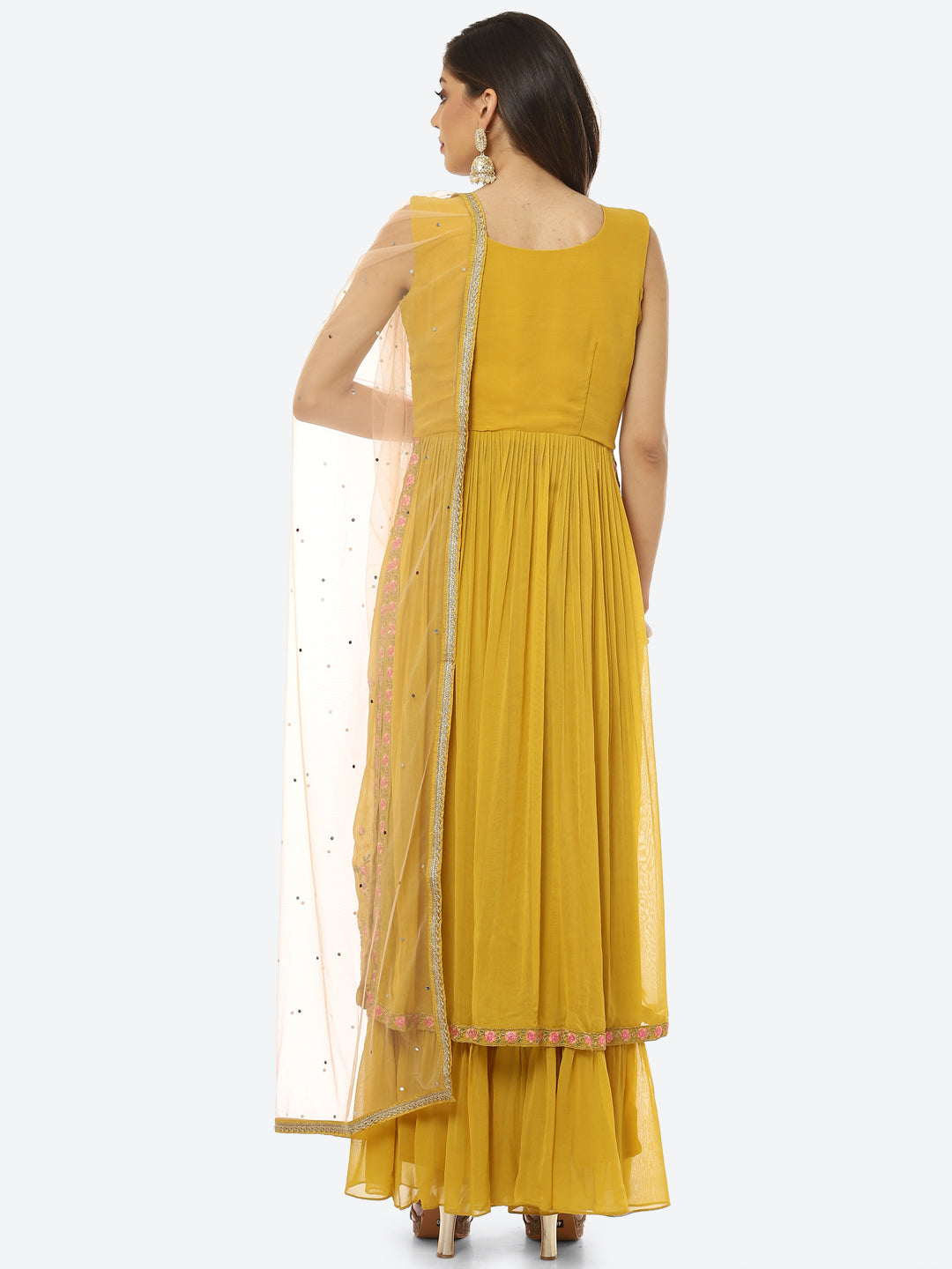 Resham Booti Georgette Anarkali With Sharara &amp; Net Dupatta