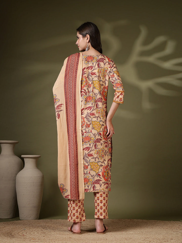 Printed Cotton Blend Kurta With Pant &amp; Dupatta